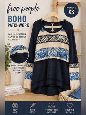 Free People Boho Fair Isle Patchwork Sweater XS Blue Cream Raw Edge